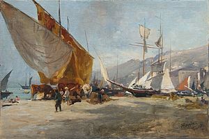 Kappis, Anlandende Fischerboote und Segler in der Bucht von Triest, um 1874