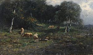Jacque, Schäfer mit Herde am Waldrand