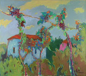 "Steiner, Blick vom Weinberg auf das blaue Haus"