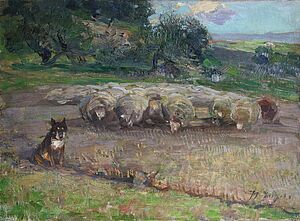 "Zuegel, Weidende Schafherde vor einem Wäldchen"